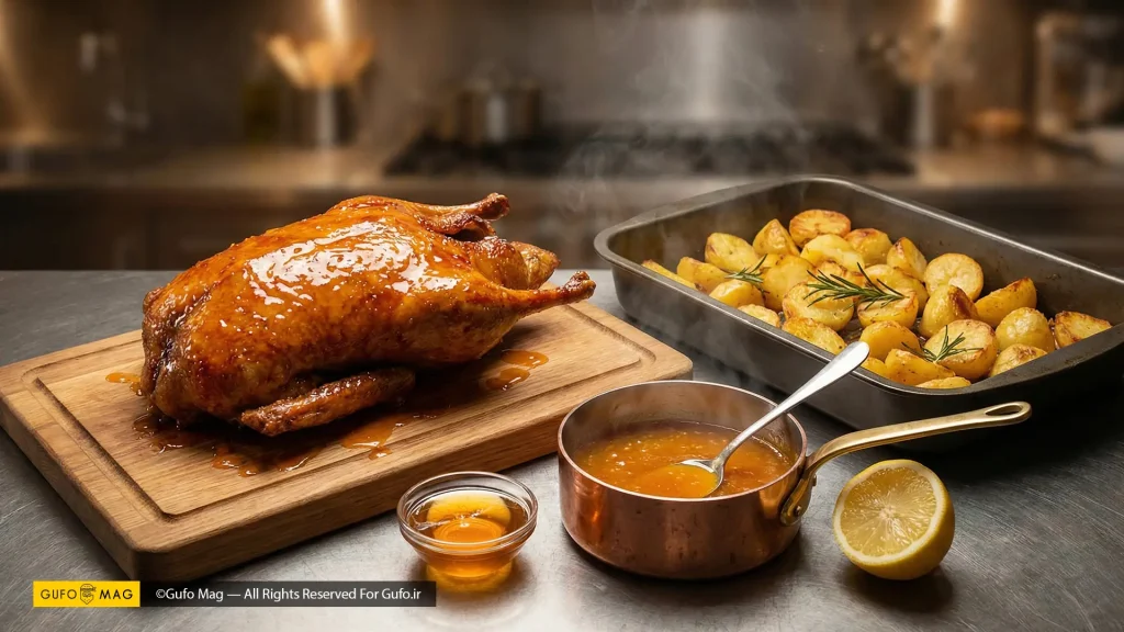 اردک و سیبزمینیهای تنوری شده در چربی اردک و ظرف