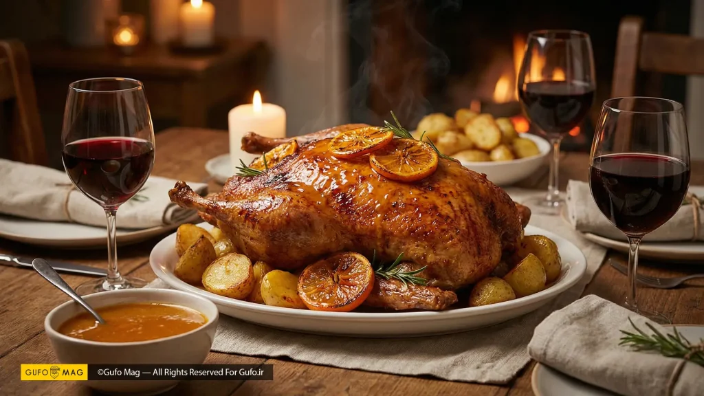 اردک بریان، در کنار شمع و نوشیدنی