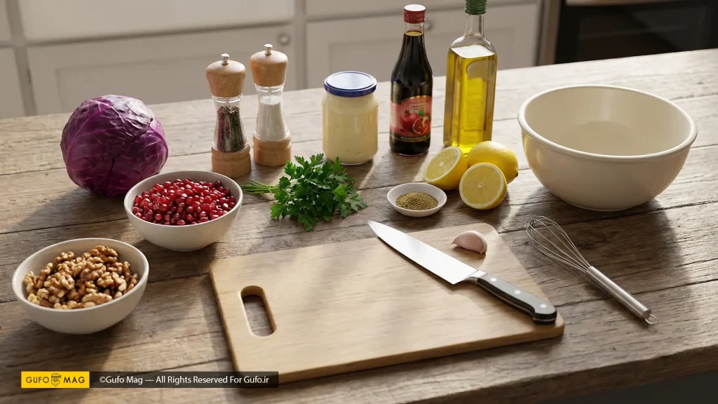 چیدمان مواد اولیه تازه سالاد شامل کلم قرمز، انار دانه شده، گردو و مواد سس