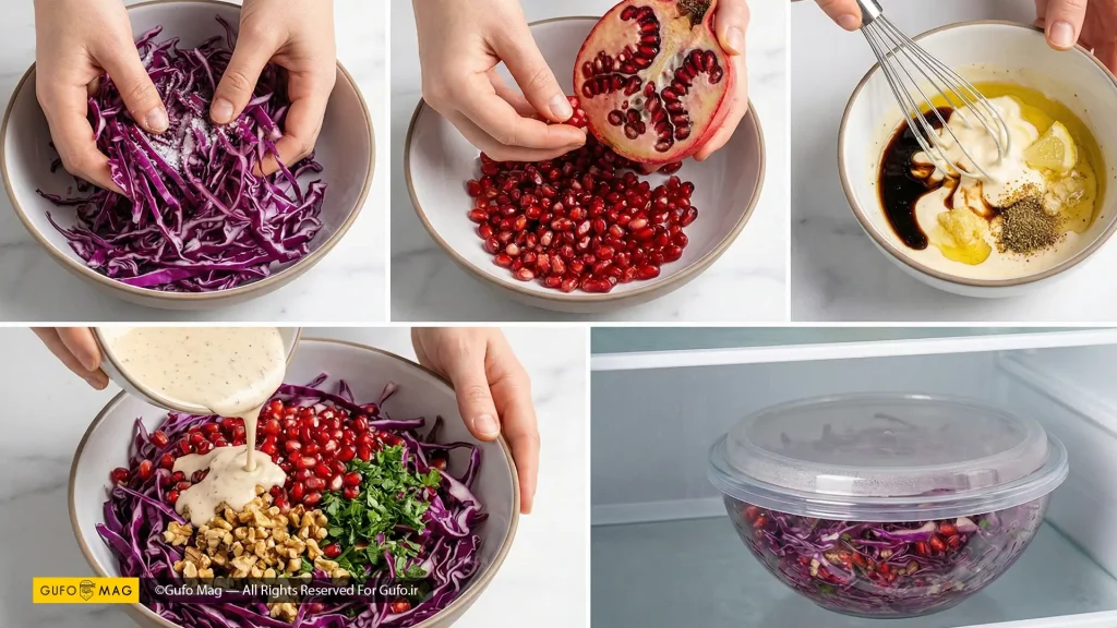 مراحل تصویری خرد کردن کلم قرمز و ترکیب آن با دانههای انار و سس مخصوص