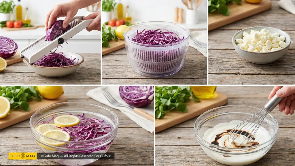 نمای نزدیک از بافت ترد و برشهای نازک کلم قرمز در کنار دانههای انار