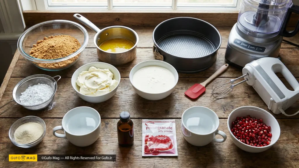 مواد اولیه چیزکیک انار شامل پنیر ماسکارپونه، بیسکویت، خامه و انار تازه روی میز کار
