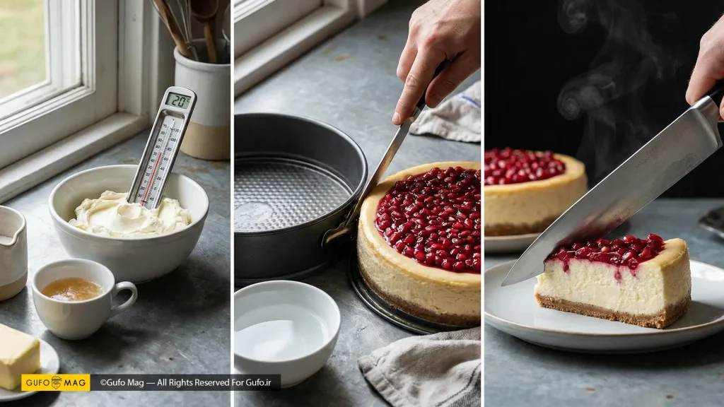 نمای نزدیک از بافت منسجم چیزکیک انار و برش تمیز و حرفهای آن