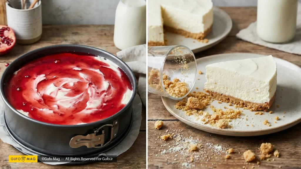 لایهبندی دقیق و جداگانه بیسکویت، پنیر و ژله در دسر چیزکیک بدون فر