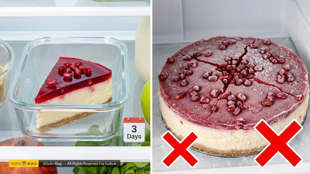 چیزکیک انار کامل و تازه آماده سرو با تزیین دانههای یاقوتی انار