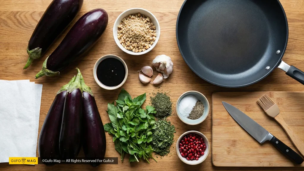 مواد اولیه و تجهیزات لازم برای تهیه رولت بادمجان و گردو
