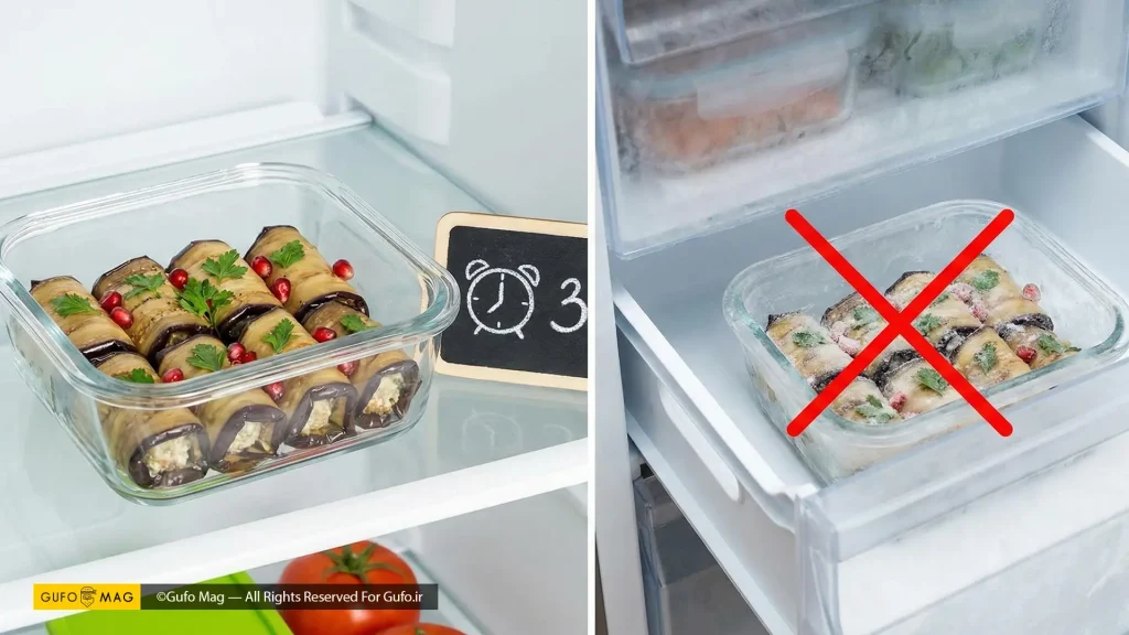 مقایسه روش صحیح (در یخچال) و غلط (در فریزر) برای نگهداری رول بادمجان