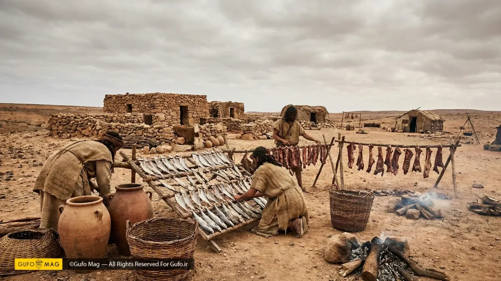 خشک کردن ماهی و گوشت روی رگال‌های چوبی در یک محیط بیابانی و خشک برای نگهداری غذا