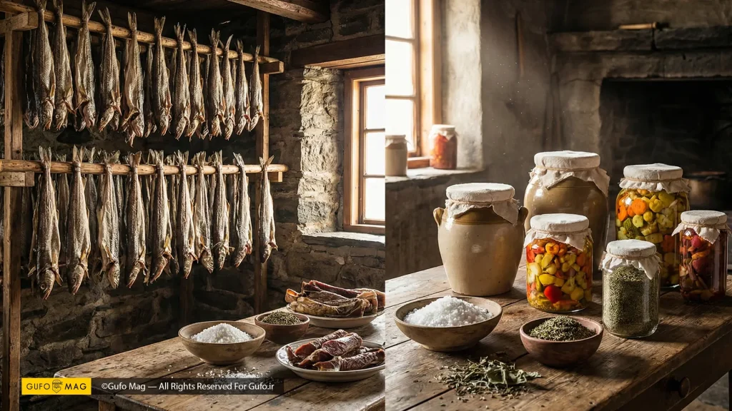 روش‌های سنتی نگهداری غذا در دو فرهنگ متفاوت شامل ماهی خشک شده نروژی در کنار شیشه‌های ترشی سنتی ایرانی