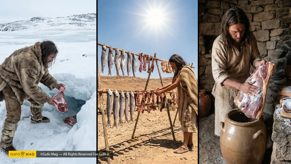 سه روش کهن و طبیعی نگهداری غذا شامل انجماد گوشت، خشک کردن ماهی و نمک‌سود کردن گوشت