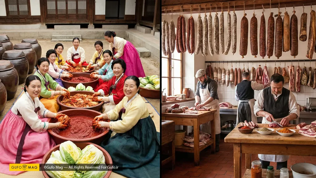 نمایش سنت‌های فرهنگی نگهداری غذا شامل زنان کره‌ای و قصابان اروپایی