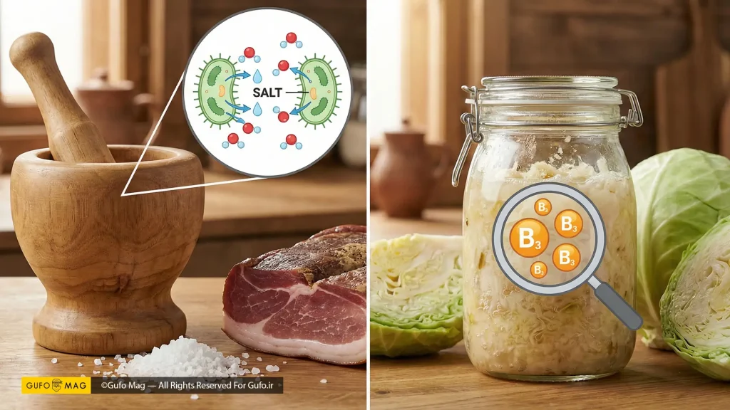چگونگی نابودی باکتری‌ها توسط نمک (اسمز) و افزایش ویتامین‌های B در فرآیند تخمیر کلم