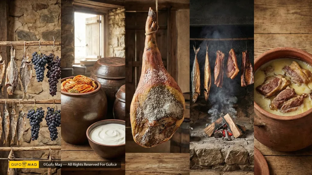 پنج روش اصلی و سنتی نگهداری غذا شامل خشک کردن، تخمیر، نمک‌سود کردن، دودی کردن و قورمه کردن در چربی