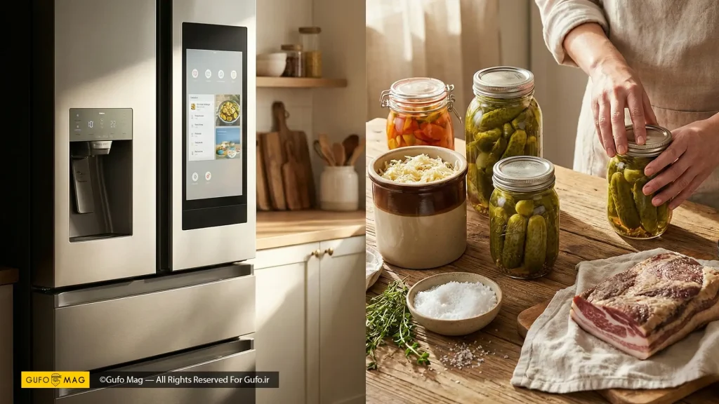 یخچال هوشمند مدرن در کنار میز چوبی که روی آن ترشی و گوشت نمک‌سود به روش دستی
