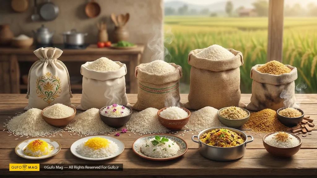 نمایش مقایسه‌ای انواع برنج ایرانی (صدری، هاشمی، طارم، فجر و دودی) به صورت خام و پخته