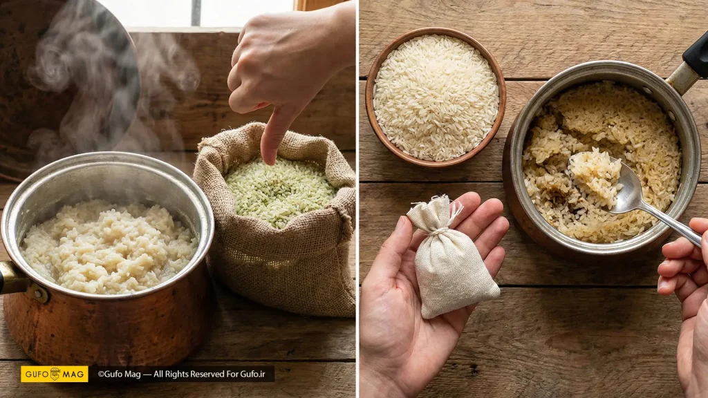 نمایش تصویری اشتباهات رایج خرید شامل شفته شدن برنج تازه و له شدن برنج کشت دوم بدون تست