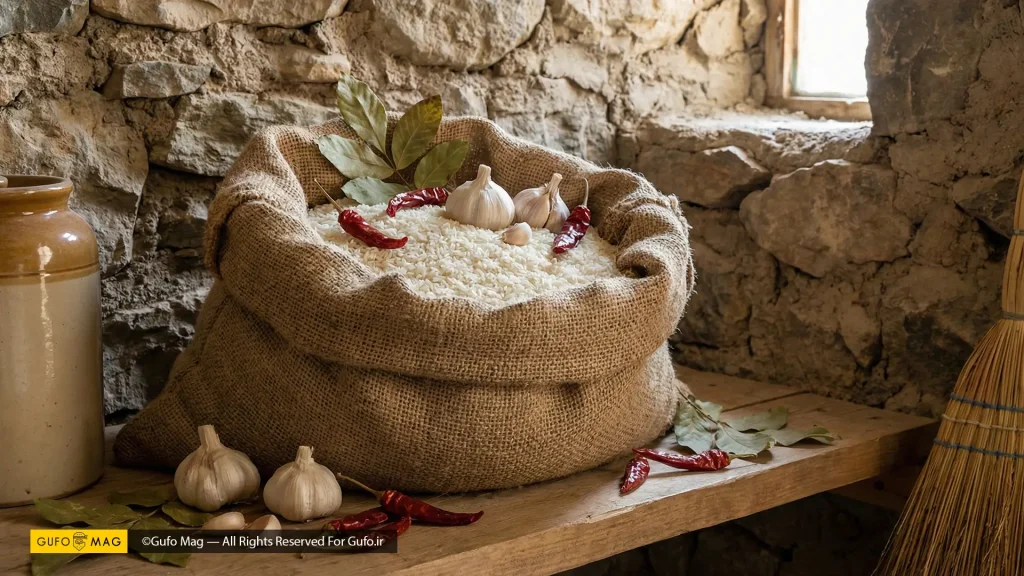 روش صحیح و سنتی نگهداری برنج در گونی با استفاده از سیر و فلفل خشک برای دفع آفات