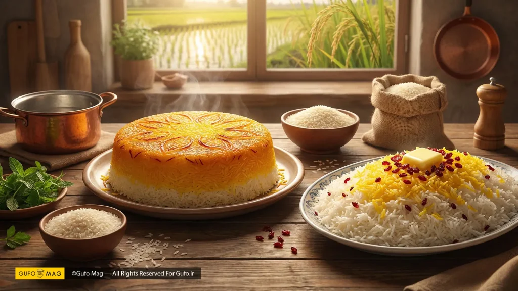 برنج ایرانی پخته شده به صورت کته قالبی (ته‌چین) و چلوی مجلسی