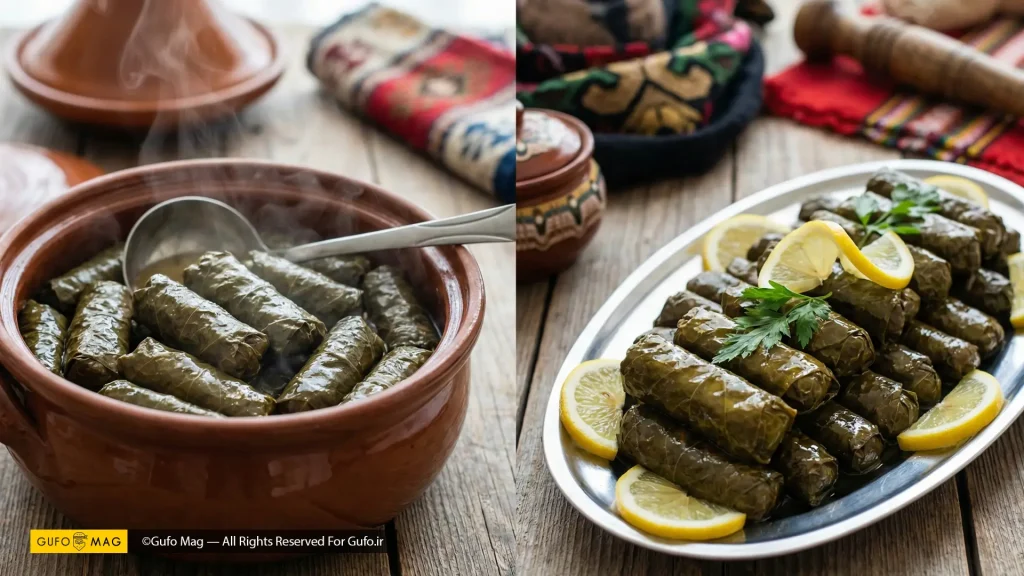 قابلمه دلمه گوشتی داغ در کنار دیس دلمه گیاهی سرد (یالانچی) با تزئین لیمو