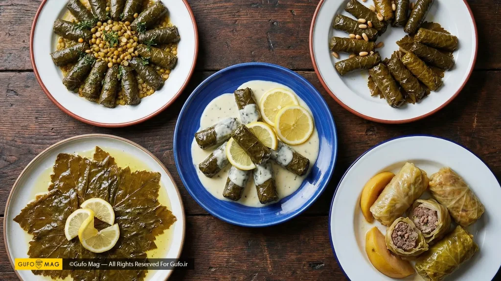 چیدمان پنج بشقاب دلمه با سبک‌های مختلف پخت از سراسر خاورمیانه و مدیترانه