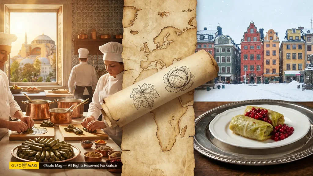 تصویر ترکیبی نشان‌دهنده سفر تاریخی دلمه از امپراتوری عثمانی به سوئد