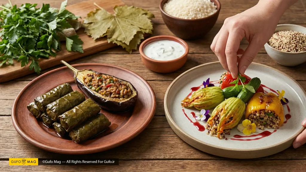 کنار هم قرار گرفتن دلمه سنتی و بشقاب دلمه مدرن و خلاقانه