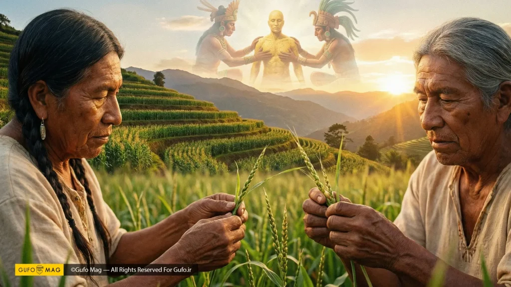 پیرمرد و پیرزن بومی در حال بررسی گیاه تئوسینت و ذرت اولیه در مزرعه