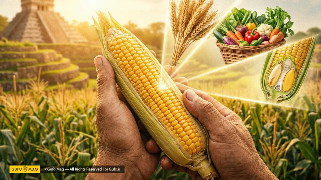 نمایش هویت چندگانه ذرت به عنوان غلات، سبزی و میوه در دستان انسان