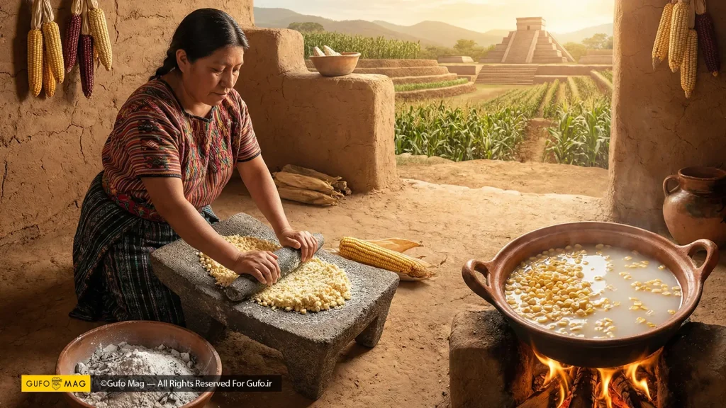 زن بومی در حال آسیاب کردن ذرت نیکستامالیزه شده روی سنگ آسیاب سنتی