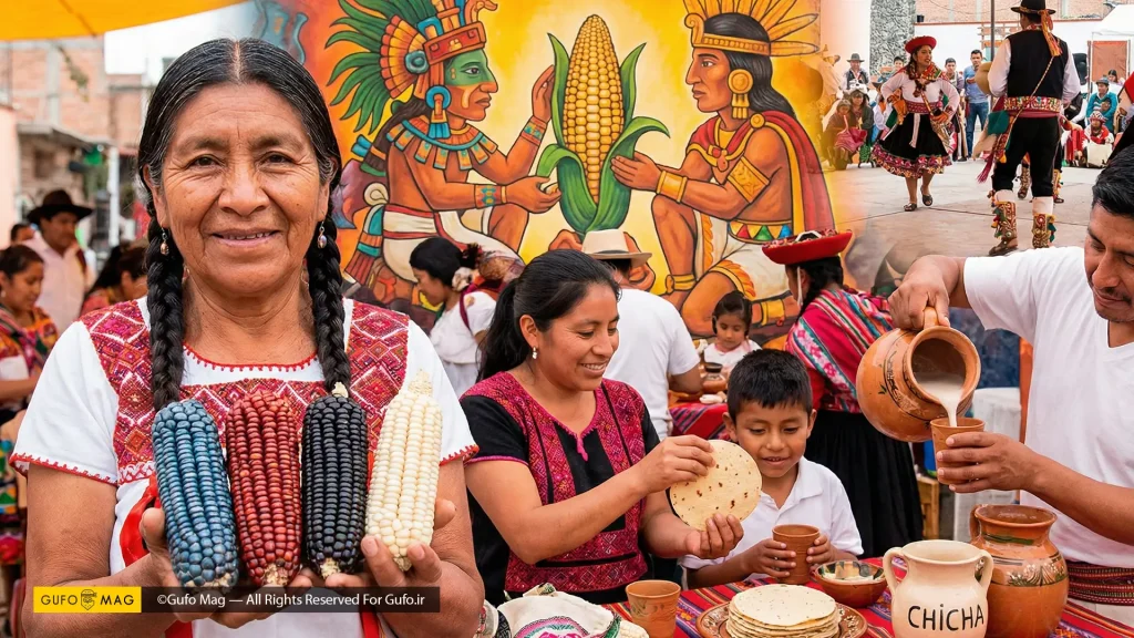 نمایش اهمیت فرهنگی ذرت در مکزیک و آند با ذرت‌های رنگی، تورتیلا و نوشیدنی چیچا