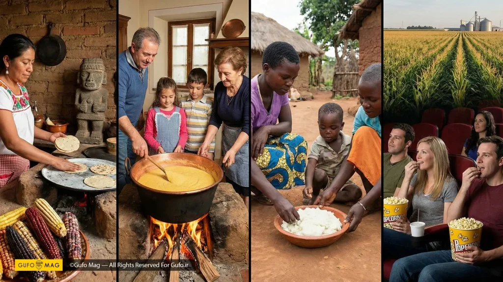 مقایسه تصویری جایگاه ذرت در فرهنگ‌های غذایی مکزیک، ایتالیا، آفریقا و آمریکا