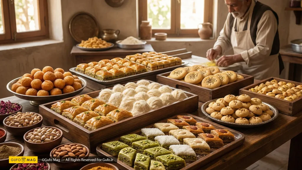 چیدمان متنوع انواع شیرینی‌های سنتی مانند باقلوا و قطاب در یک قنادی قدیمی یزدی