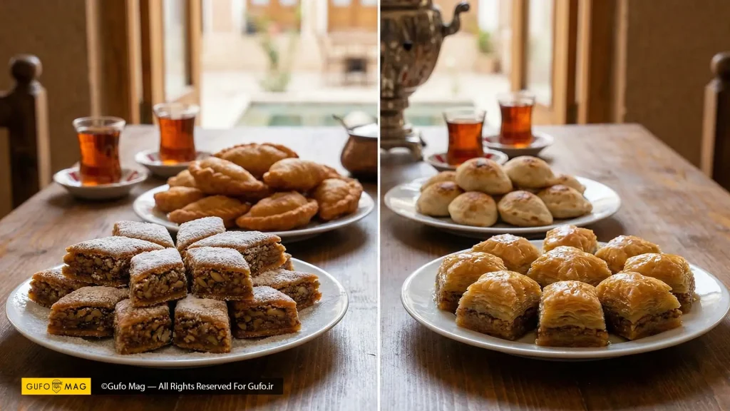 مقایسه تصویری باقلوای خشک و قطاب سنتی یزدی در کنار باقلوای شهددار ترکی