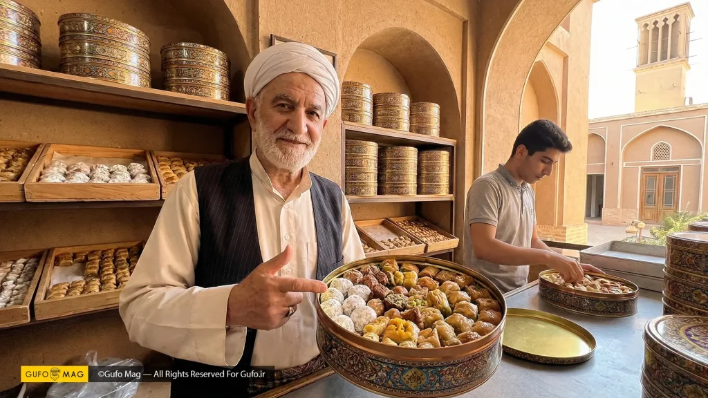 قناد یزدی در حال نمایش جعبه فلزی سنتی پر از شیرینی‌های مخلوط سوغاتی