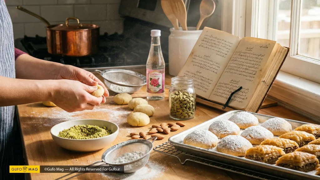 صحنه آماده‌سازی و پخت شیرینی قطاب در آشپزخانه خانگی با کتاب دستور پخت قدیمی