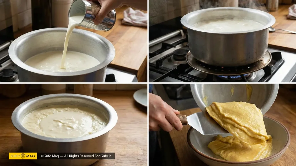 مراحل پخت، سرد کردن و برداشتن لایه ضخیم سرشیر از روی شیر