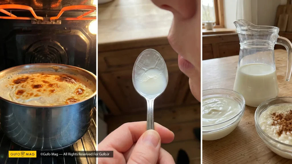 طلایی کردن سرشیر در فر، تست غلظت شیر با قاشق و استفاده از شیر کمچرب باقیمانده