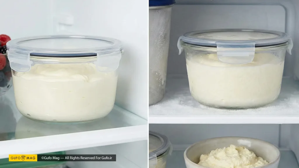 تصویر دو قسمتی نشاندهنده روش صحیح نگهداری سرشیر خانگی در یخچال و حالت یخزده در فریزر