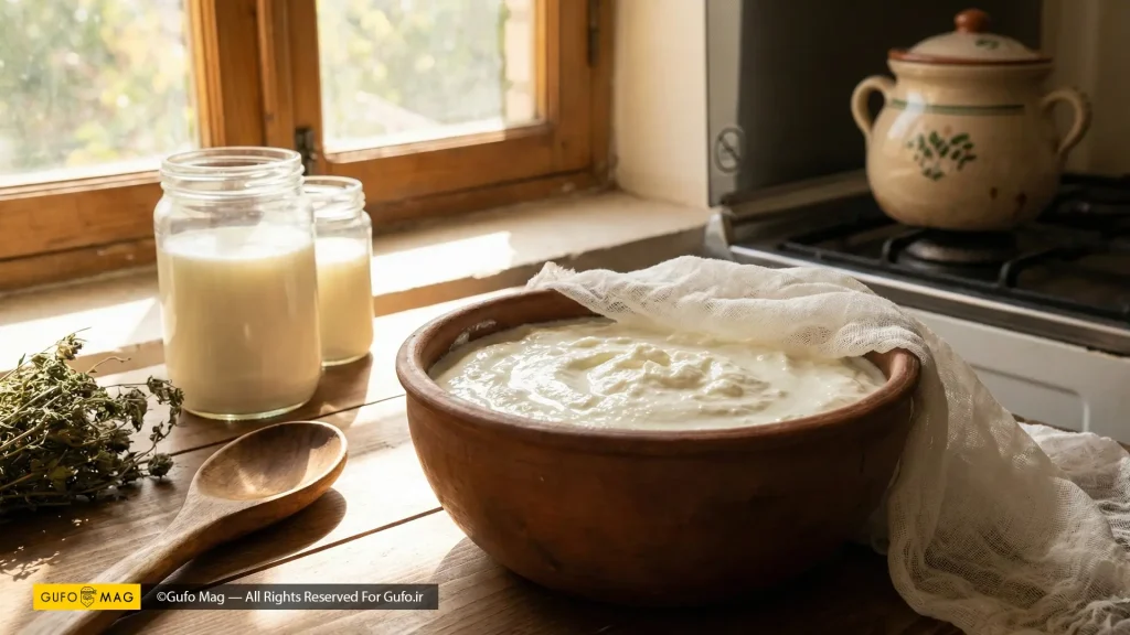 کاسه سفالی ماست خانگی و مواد اولیه در یک آشپزخانه سنتی