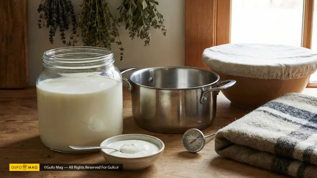 چیدمان کامل مواد اولیه و ابزار ضروری برای تهیه ماست خانگی روی میز