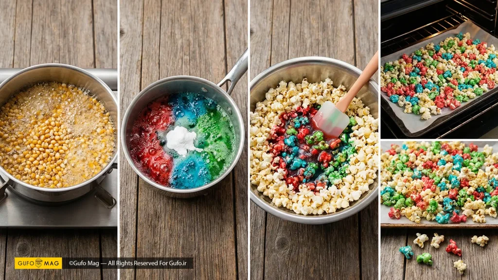 چهار مرحله اصلی تهیه پاپکورن رنگی: پخت ذرت، ساخت شربت، مخلوط کردن و خشک کردن در فر