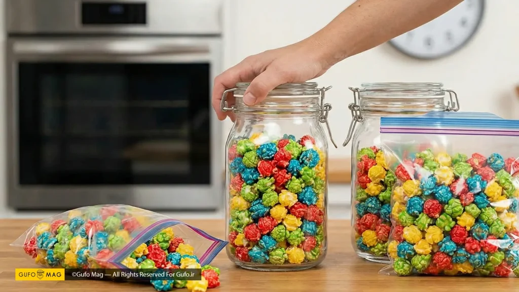 روش صحیح نگهداری پاپکورن رنگی در ظروف شیشهای دربسته و کیسههای زیپکیپ