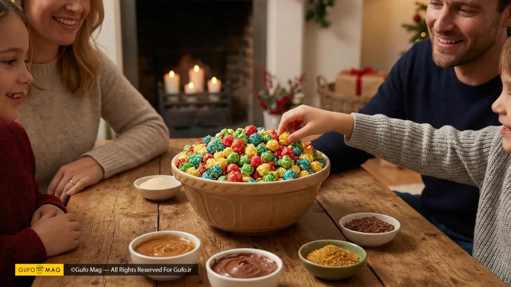 خوردن پاپکورن رنگی از کاسه بزرگ