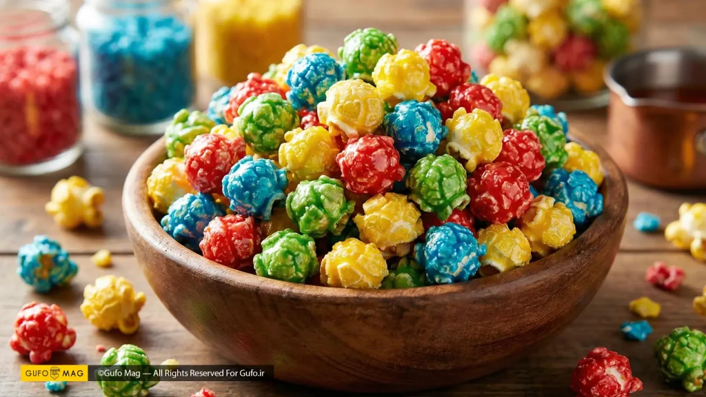 پاپکورنهای رنگی با روکش براق و ترد روی میز