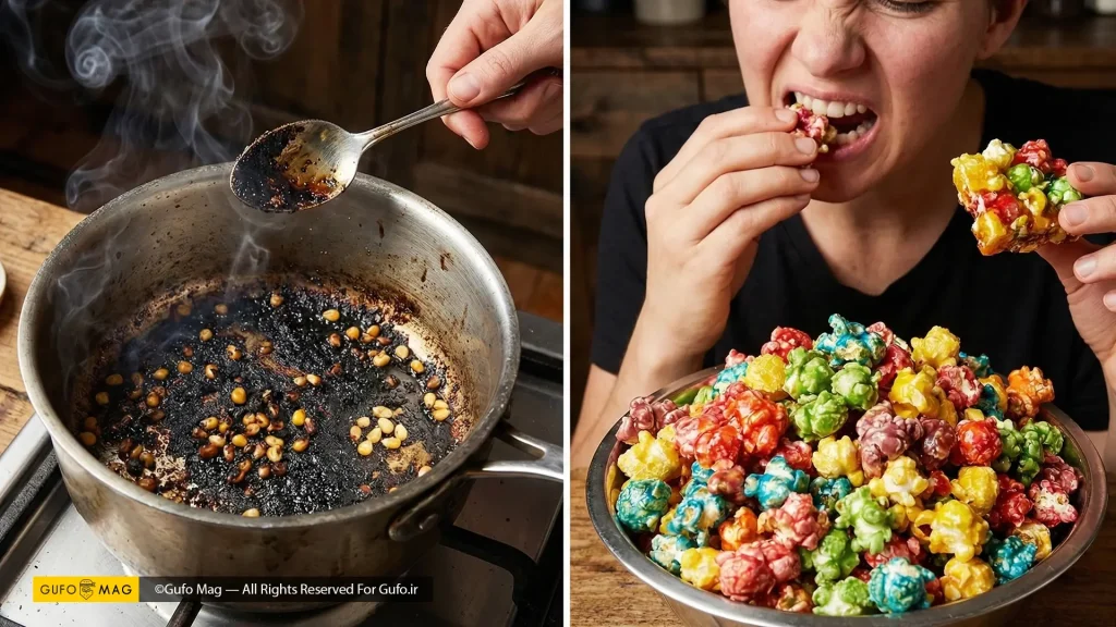 اشتباه رایج: سوختن شکر در قابلمه (چپ) و سفت شدن پاپکورن بدون جوش شیرین (راست)