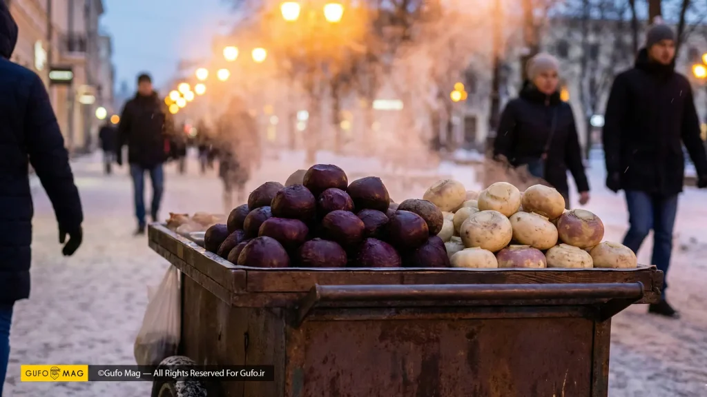 چرخدستی لبوفروش در یک عصر زمستانی برفی