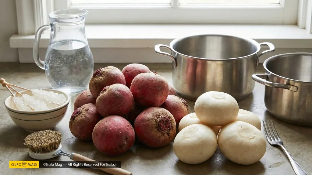 مواد لازم و تجهیزات پخت لبو و شلغم در آشپزخانه