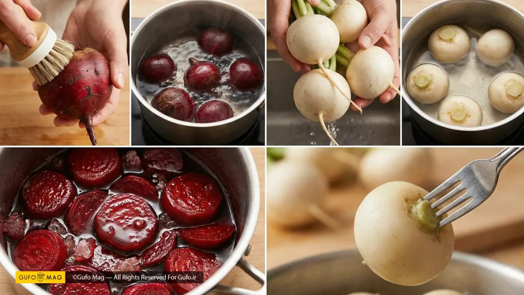 مراحل آمادهسازی و پخت لبو و شلغم