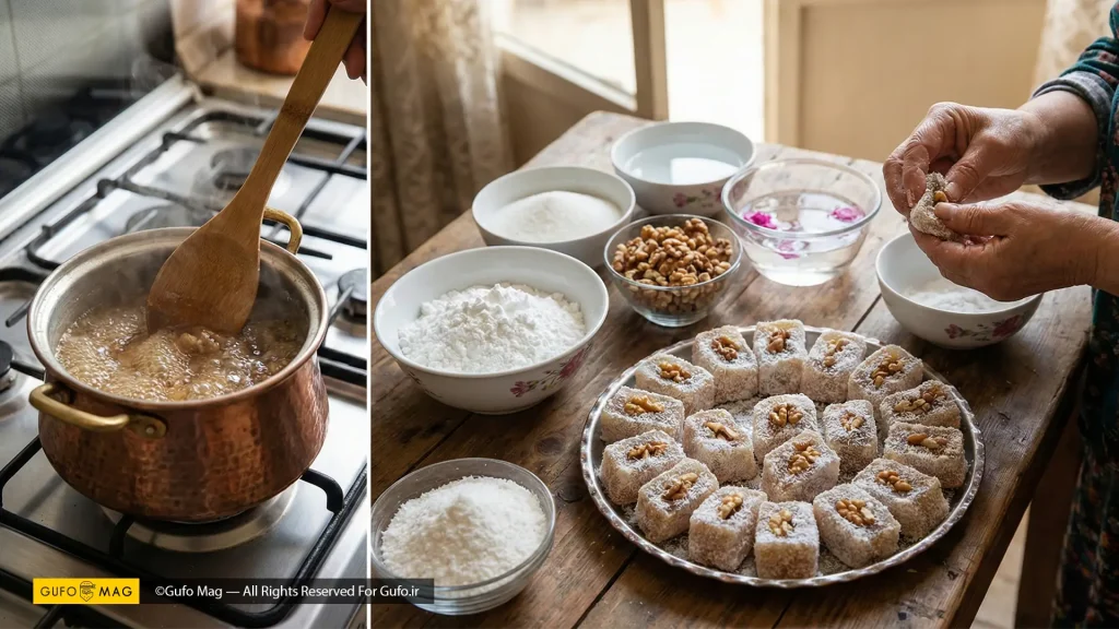 مایه باسلوق در حال پخت داخل قابلمه برای نمایش قوام و بافت