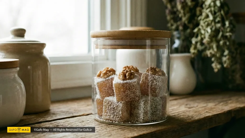 چیدمان باسلوقها درون ظرف دربسته شیشهای برای حفظ تازگی